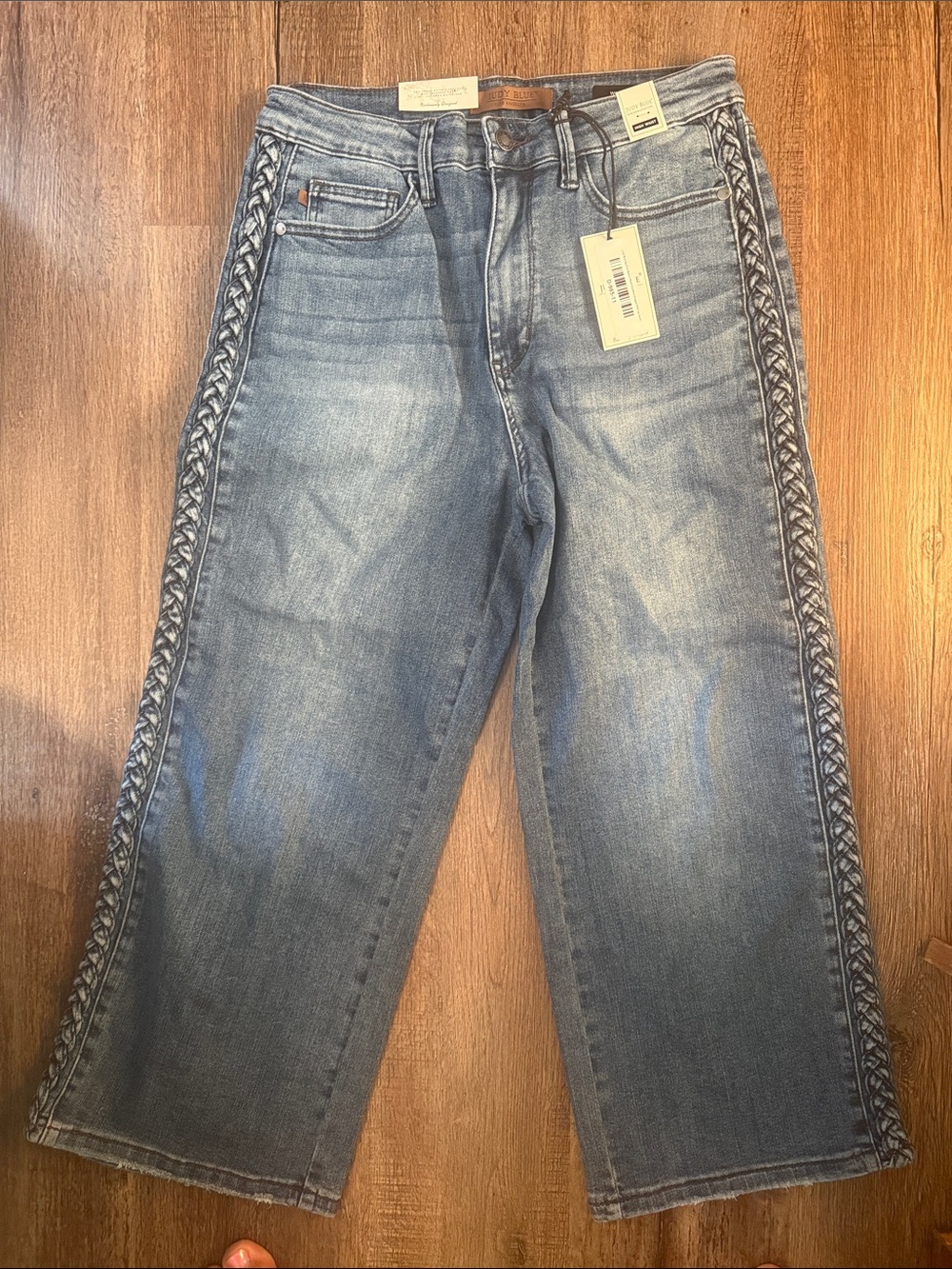 Judy Blue Medium Blue Wide-Leg Jeans with Braided Side Trim